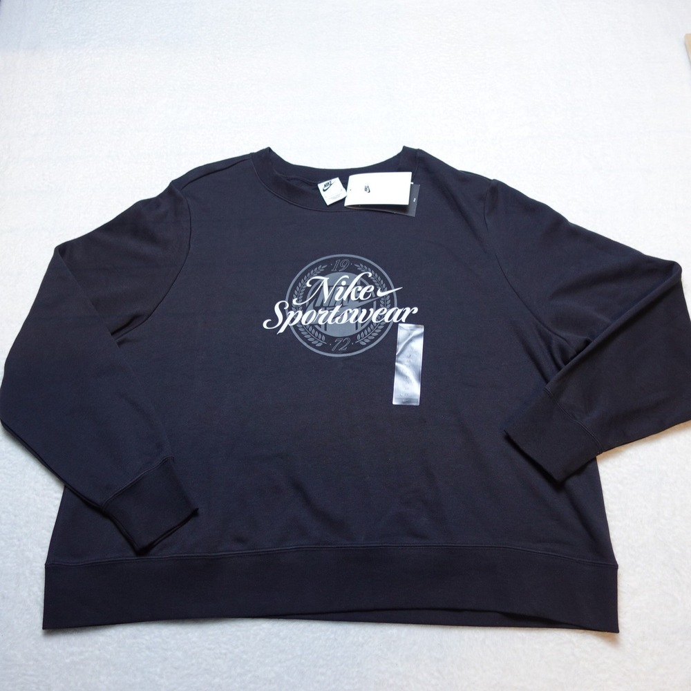 Nike Sportswear Womens 2X Sweatshirt Black Cotton Blend Graphic Crewneck NWT